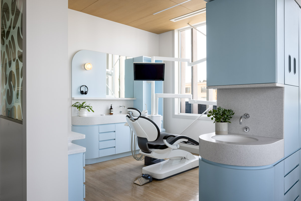 A dental chair and office set up at Swish Oral Care, dental clinic in Calgary